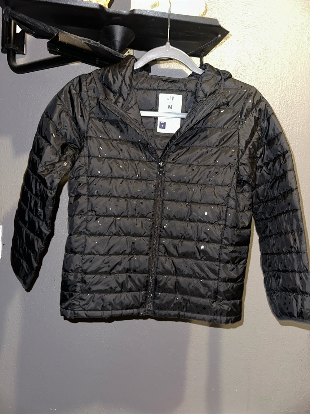 GAP Kids Black Hooded Puffer Jacket with Metallic Star Speckle